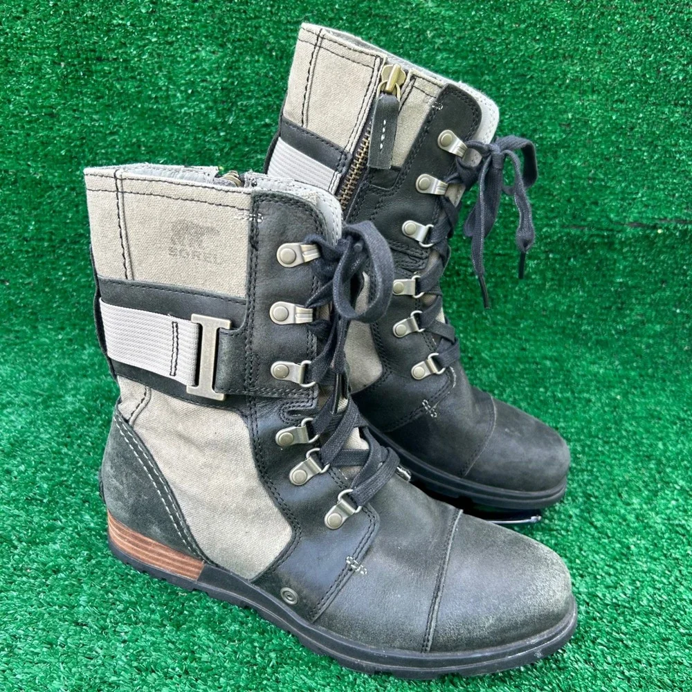 Sorel Major Carly Leather Canvas Boots Black Grill NL2157-252 Womens 7.5 - Picture 2 of 8